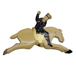 Horse & Rider Wooden Pin Brooch Hand-Painted Folk Art